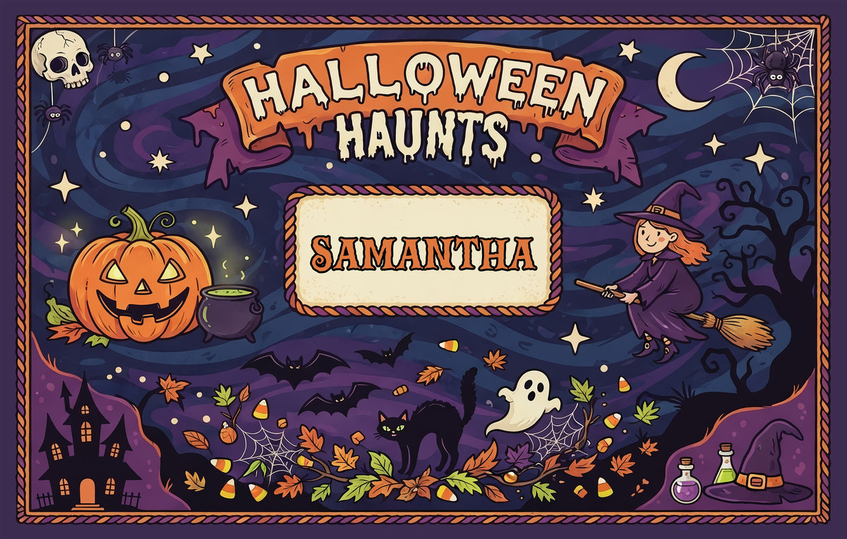 Personalized Halloween Haunts Flying Witch Jack O Lantern Rug full design view