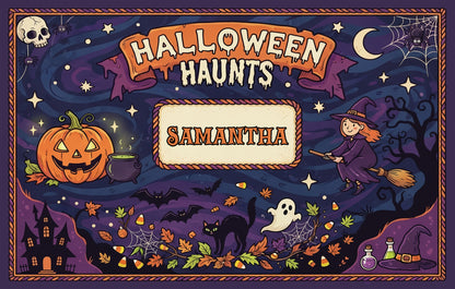 Personalized Halloween Haunts Flying Witch Jack O Lantern Rug full design view