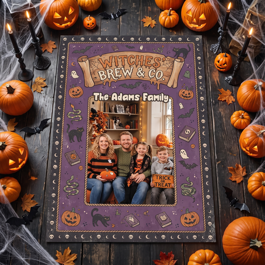 Personalized Halloween Witches' Brew And Co Custom Photo Rug with custom family name, styled on a wood floor with pumpkins