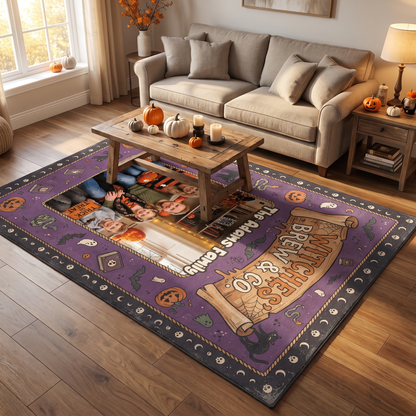 Personalized Halloween Witches' Brew And Co Custom Photo Rug in a cozy living room