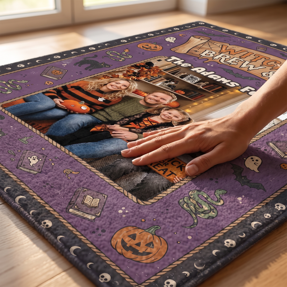 Close up of the Personalized Halloween Witches' Brew And Co Custom Photo Rug print
