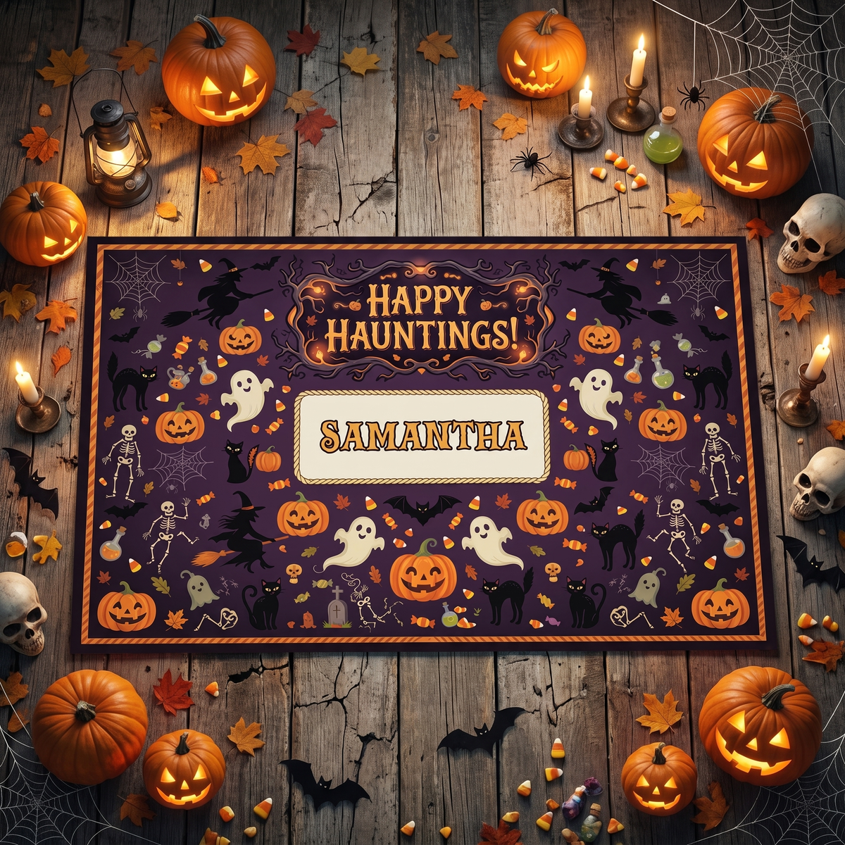 Personalized Halloween Happy Hauntings Ghost Skeleton Pumpkin Rug with custom name, styled on a wood floor with pumpkins