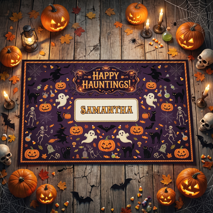 Personalized Halloween Happy Hauntings Ghost Skeleton Pumpkin Rug with custom name, styled on a wood floor with pumpkins