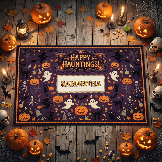 Personalized Halloween Happy Hauntings Ghost Skeleton Pumpkin Rug with custom name, styled on a wood floor with pumpkins