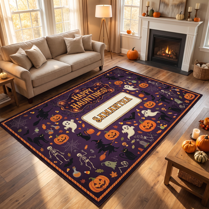 Personalized Halloween Happy Hauntings Ghost Skeleton Pumpkin Rug in a cozy living room