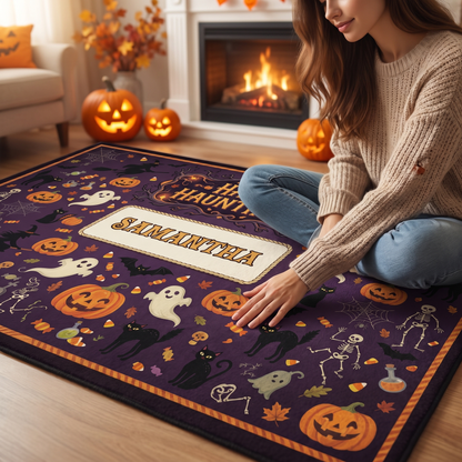 Soft velvet surface of the Personalized Halloween Happy Hauntings Ghost Skeleton Pumpkin Rug