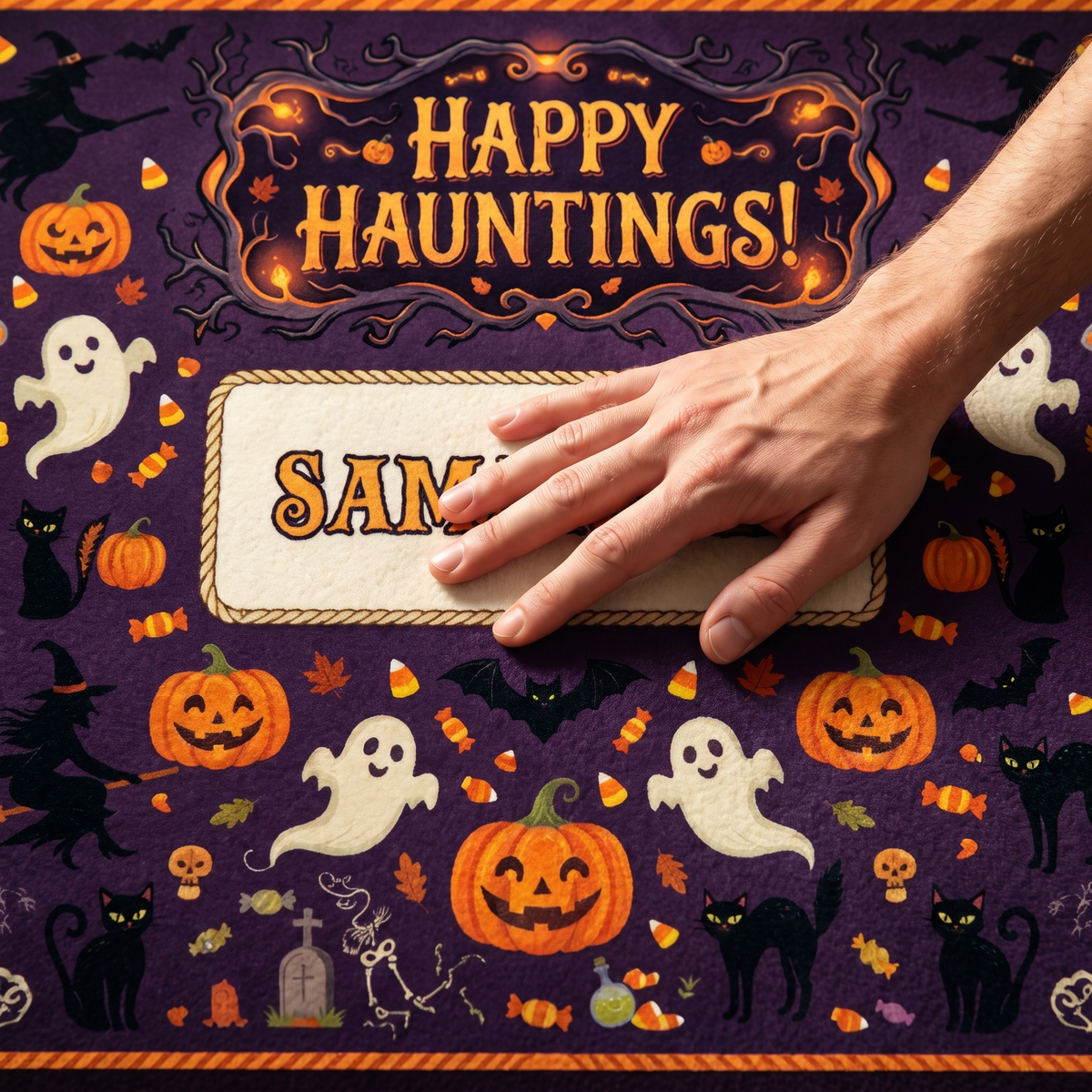 Close up of the Personalized Halloween Happy Hauntings Ghost Skeleton Pumpkin Rug print