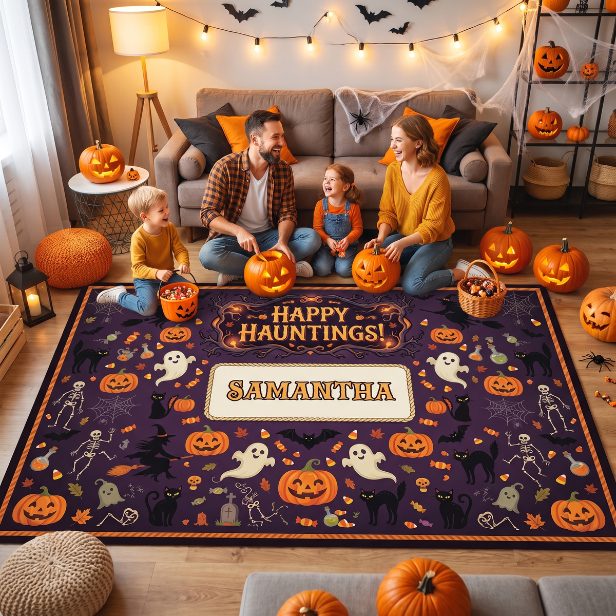 Family enjoying the Personalized Halloween Happy Hauntings Ghost Skeleton Pumpkin Rug at a Halloween party