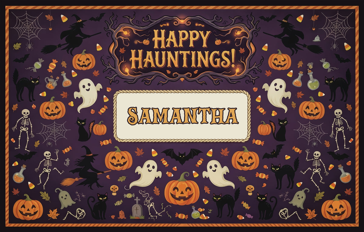 Personalized Halloween Happy Hauntings Ghost Skeleton Pumpkin Rug full design view