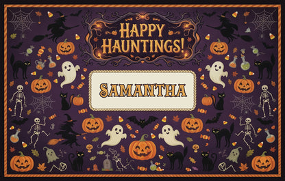 Personalized Halloween Happy Hauntings Ghost Skeleton Pumpkin Rug full design view