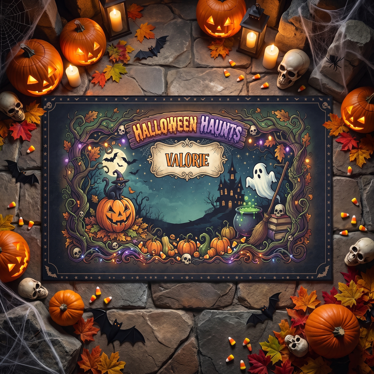 Personalized Halloween Haunts Moonlit Pumpkin Ghost Rug with custom name, styled on a wood floor with pumpkins