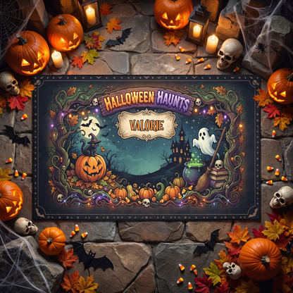 Personalized Halloween Haunts Moonlit Pumpkin Ghost Rug with custom name, styled on a wood floor with pumpkins
