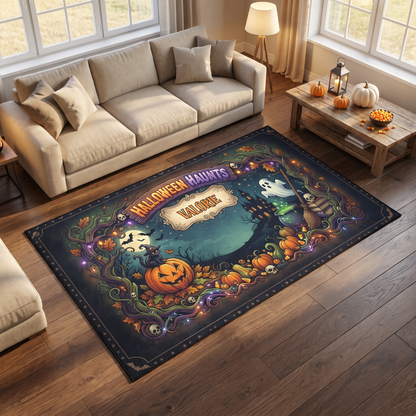 Personalized Halloween Haunts Moonlit Pumpkin Ghost Rug in a cozy living room