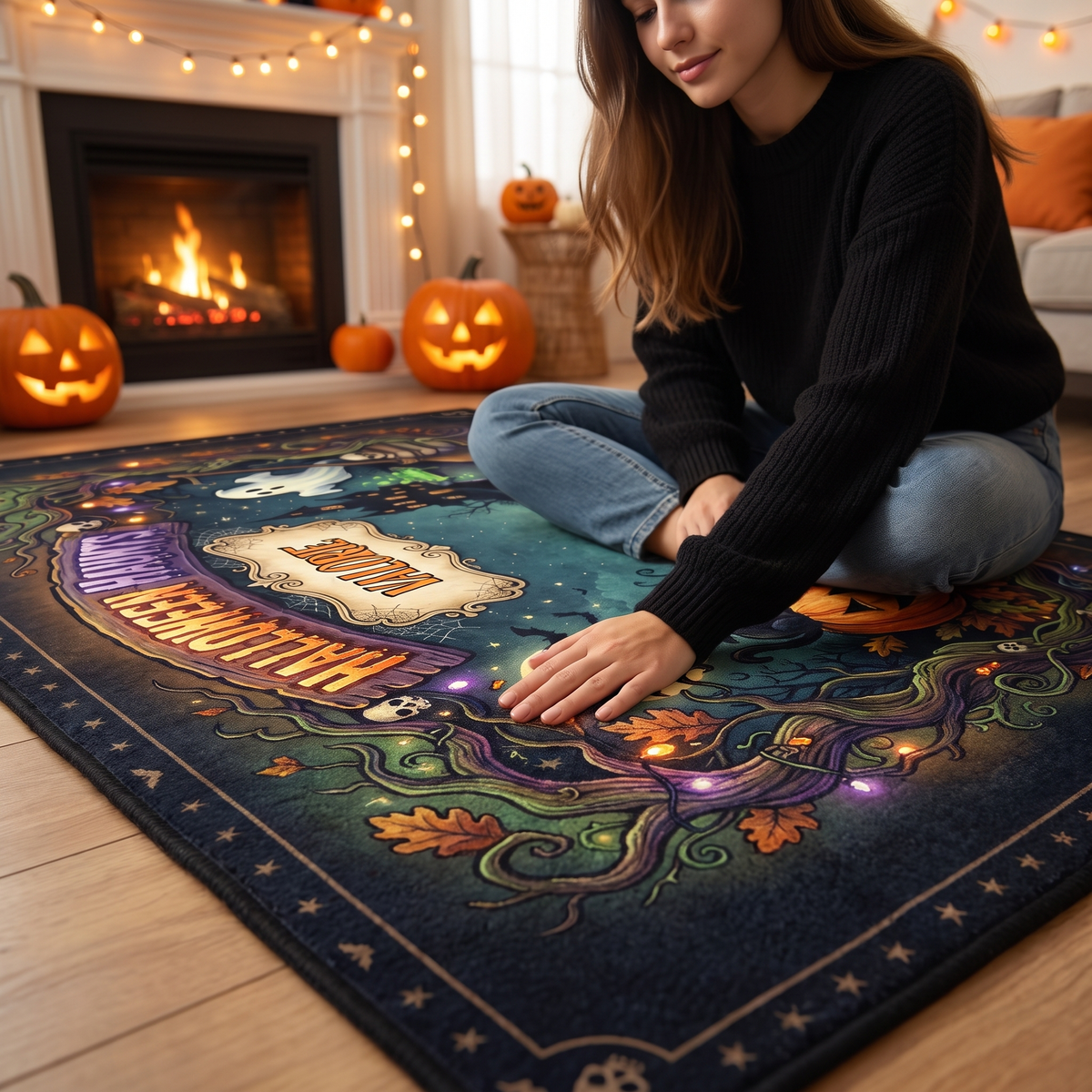 Soft velvet surface of the Personalized Halloween Haunts Moonlit Pumpkin Ghost Rug