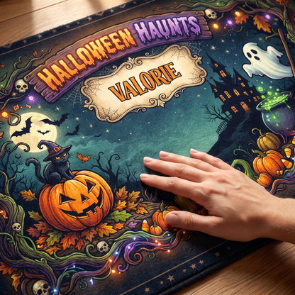 Close up of the Personalized Halloween Haunts Moonlit Pumpkin Ghost Rug print