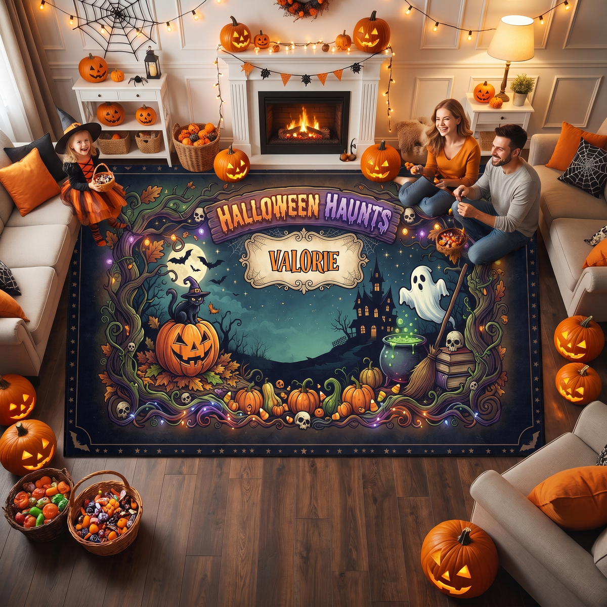 Family enjoying the Personalized Halloween Haunts Moonlit Pumpkin Ghost Rug at a Halloween party