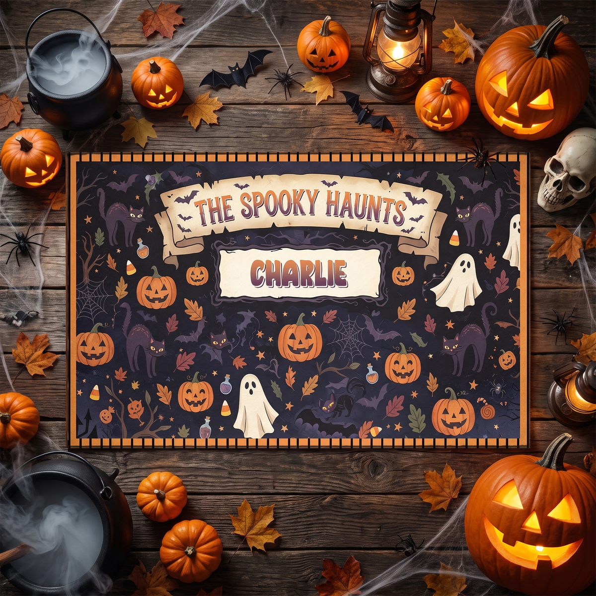 Personalized Halloween The Spooky Haunts Jack O Lantern Ghost Rug with custom name, styled on a wood floor with pumpkins