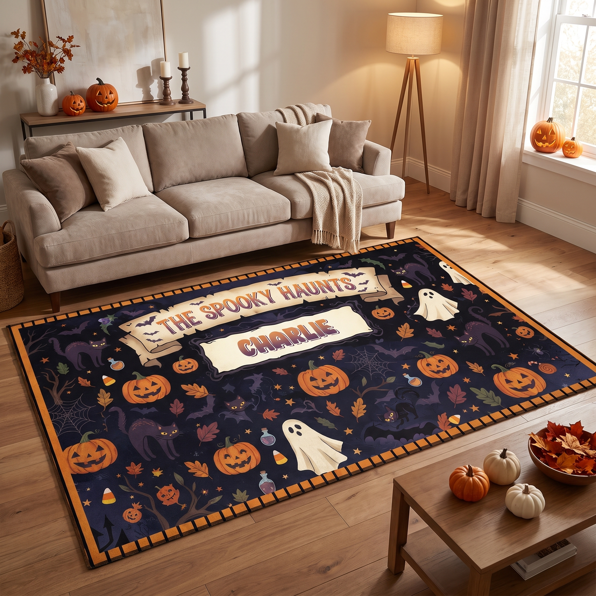 Personalized Halloween The Spooky Haunts Jack O Lantern Ghost Rug in a cozy living room