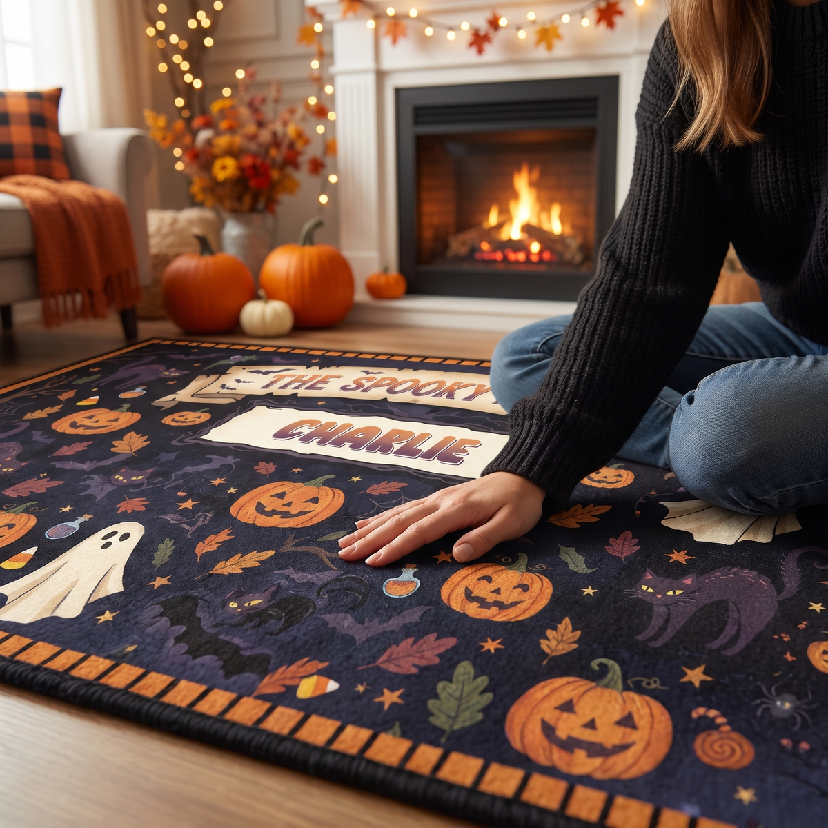 Soft velvet surface of the Personalized Halloween The Spooky Haunts Jack O Lantern Ghost Rug