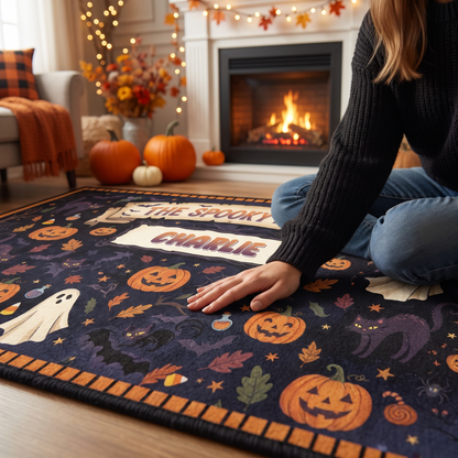 Soft velvet surface of the Personalized Halloween The Spooky Haunts Jack O Lantern Ghost Rug