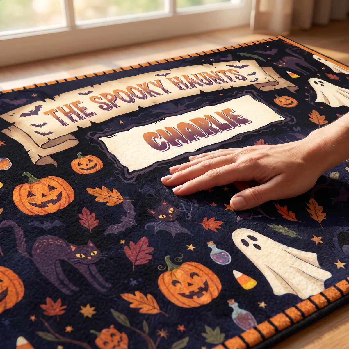 Close up of the Personalized Halloween The Spooky Haunts Jack O Lantern Ghost Rug print