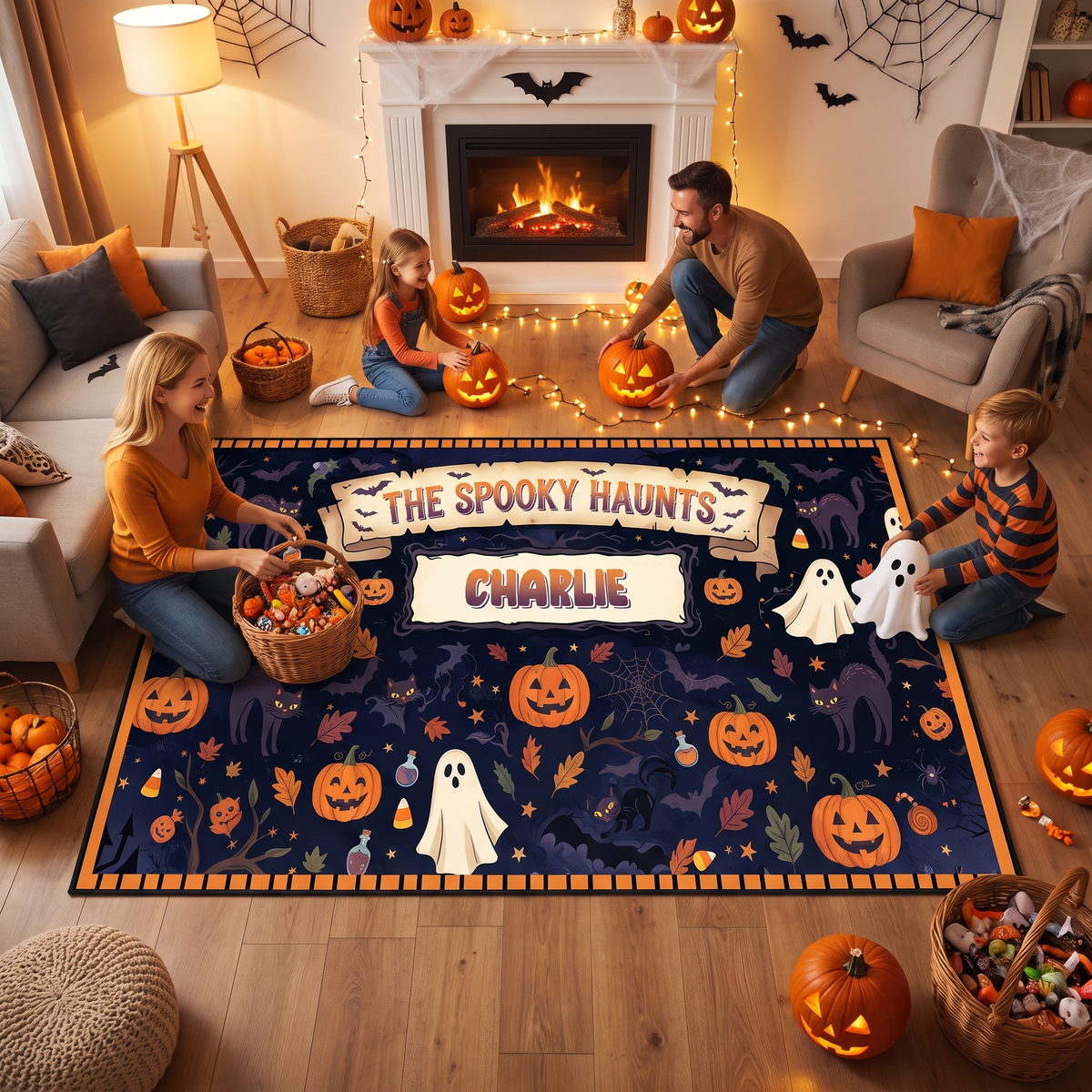 Family enjoying the Personalized Halloween The Spooky Haunts Jack O Lantern Ghost Rug at a Halloween party