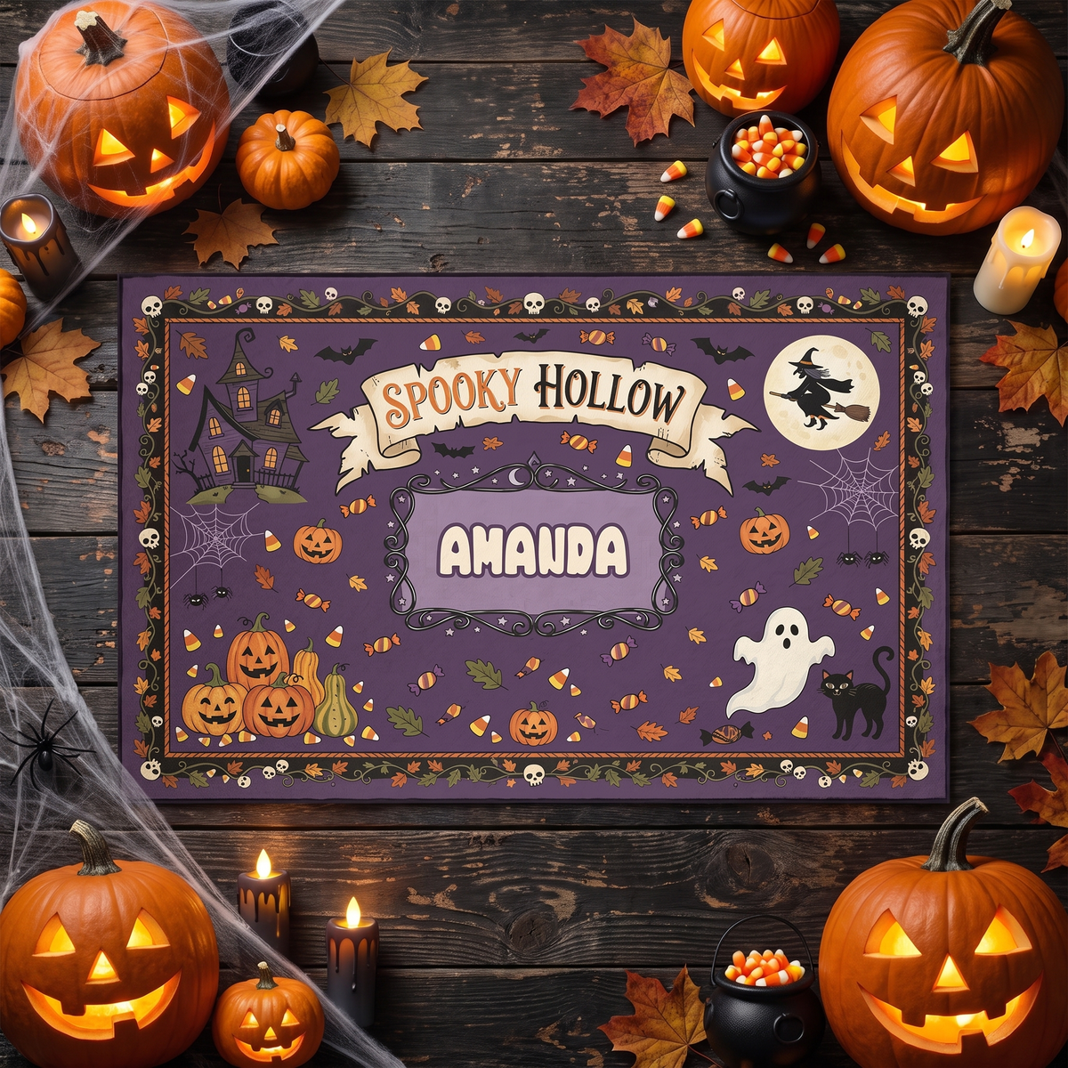 Personalized Halloween Spooky Hollow Flying Witch Pumpkin Rug with custom name, styled on a wood floor with pumpkins