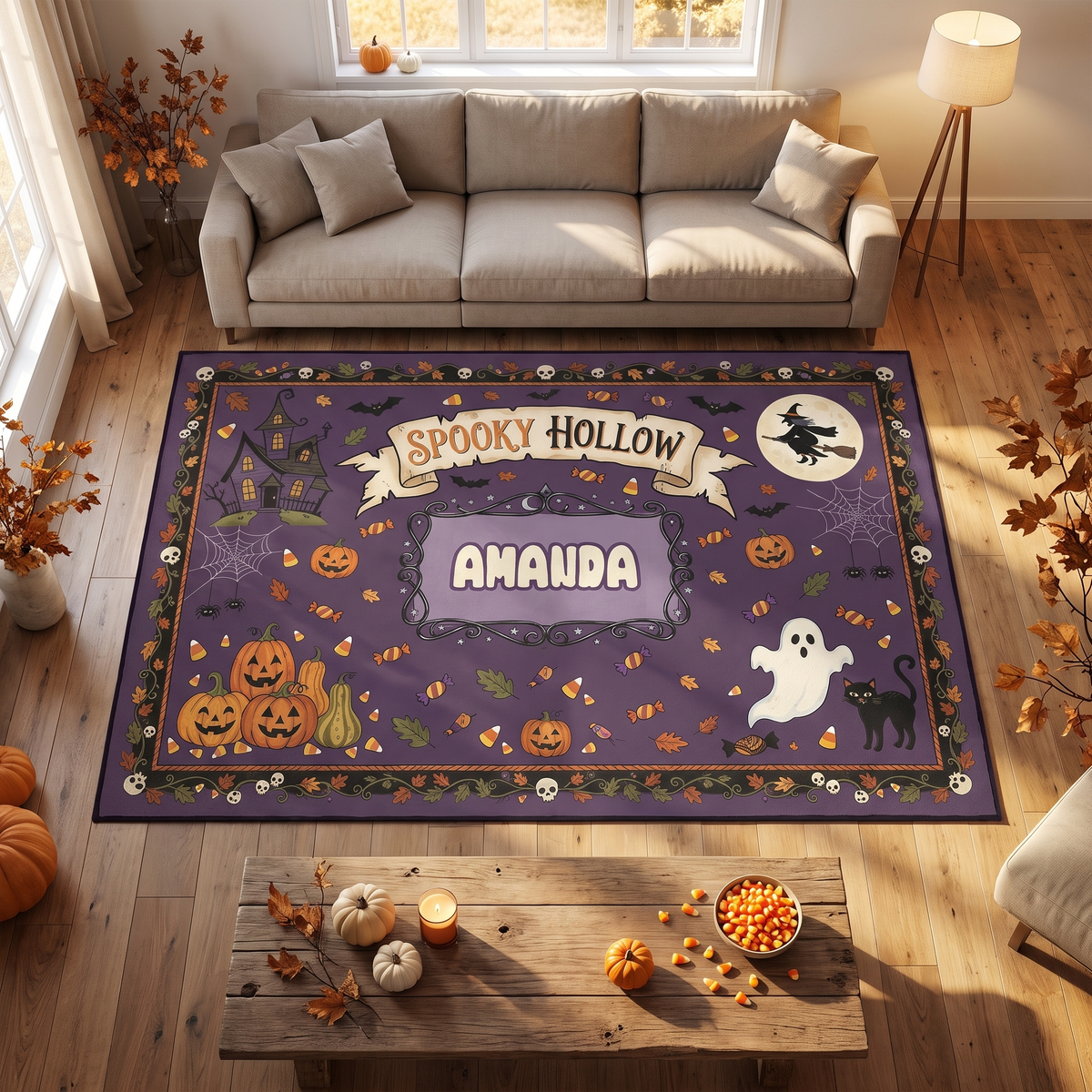 Personalized Halloween Spooky Hollow Flying Witch Pumpkin Rug in a cozy living room