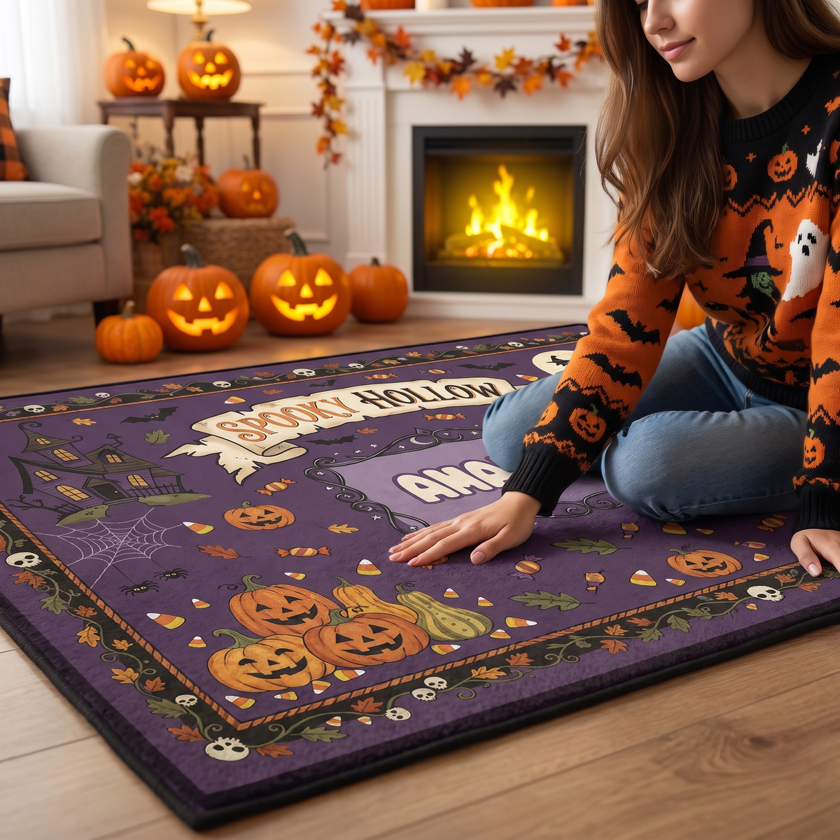 Soft velvet surface of the Personalized Halloween Spooky Hollow Flying Witch Pumpkin Rug