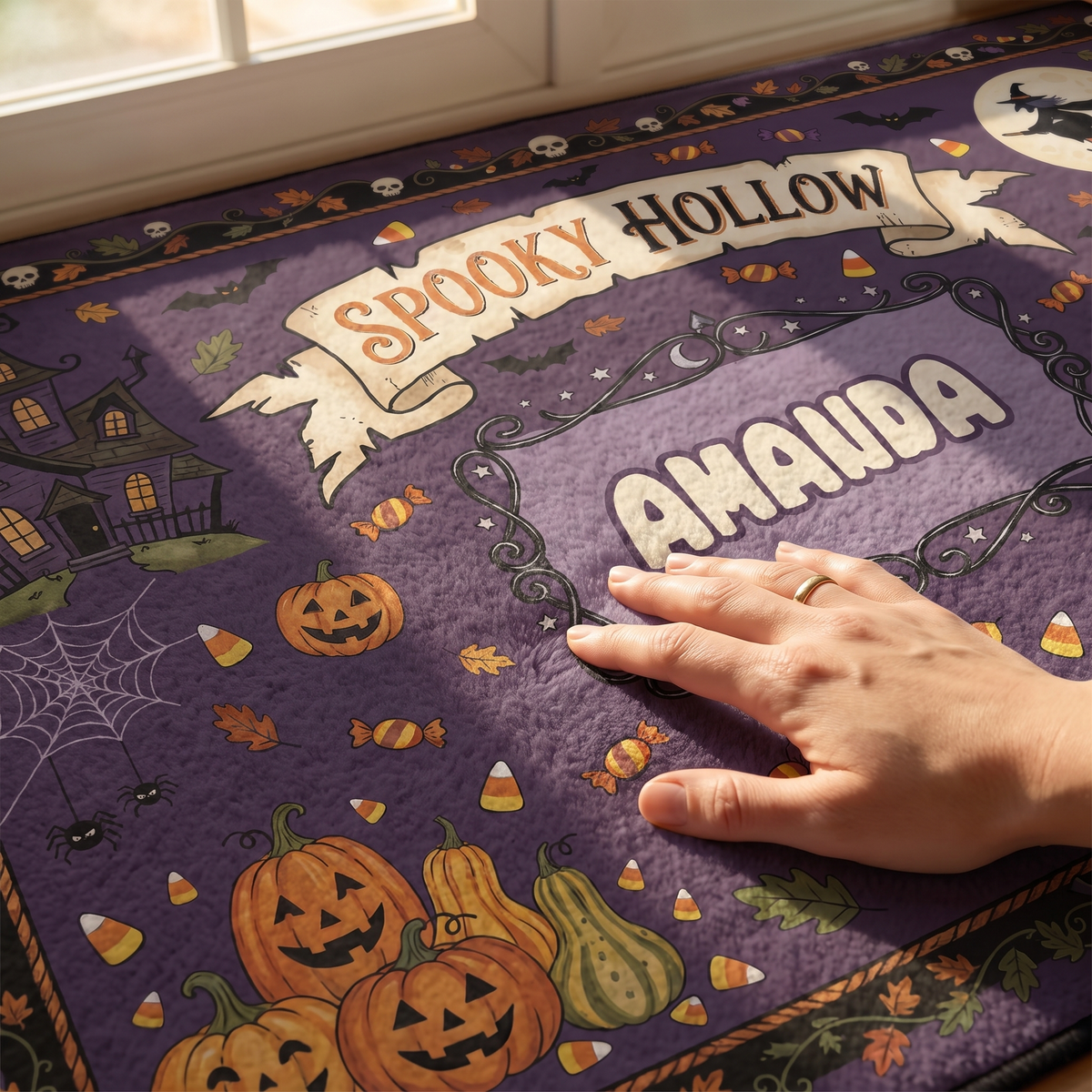 Close up of the Personalized Halloween Spooky Hollow Flying Witch Pumpkin Rug print