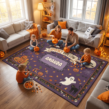 Family enjoying the Personalized Halloween Spooky Hollow Flying Witch Pumpkin Rug at a Halloween party