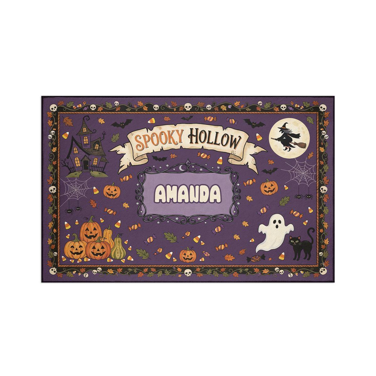 Personalized Halloween Spooky Hollow Flying Witch Pumpkin Rug full design view