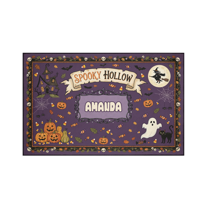 Personalized Halloween Spooky Hollow Flying Witch Pumpkin Rug full design view