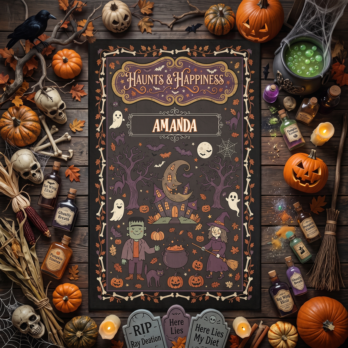 Personalized Halloween Haunts And Happiness Friendly Monsters Rug with custom name, styled on a wood floor with pumpkins