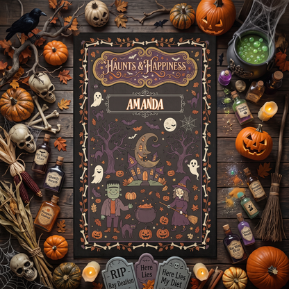 Personalized Halloween Haunts And Happiness Friendly Monsters Rug with custom name, styled on a wood floor with pumpkins