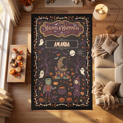 Personalized Halloween Haunts And Happiness Friendly Monsters Rug in a cozy living room