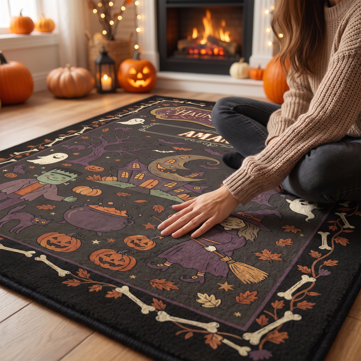Soft velvet surface of the Personalized Halloween Haunts And Happiness Friendly Monsters Rug
