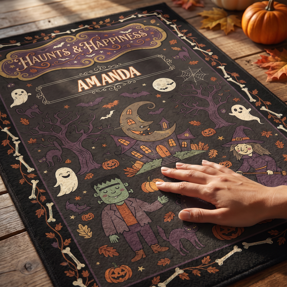 Close up of the Personalized Halloween Haunts And Happiness Friendly Monsters Rug print