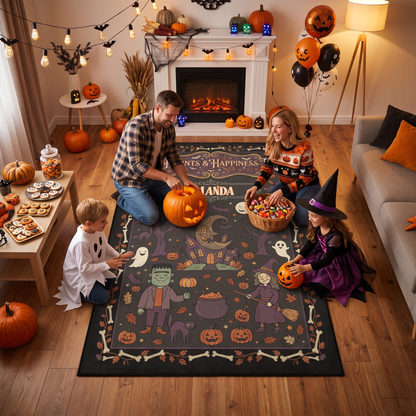 Family enjoying the Personalized Halloween Haunts And Happiness Friendly Monsters Rug at a Halloween party
