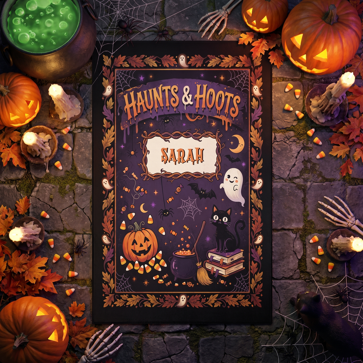 Personalized Halloween Haunts And Hoots Black Cat Pumpkin Rug with custom name, styled on a wood floor with pumpkins