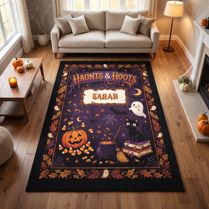 Personalized Halloween Haunts And Hoots Black Cat Pumpkin Rug in a cozy living room