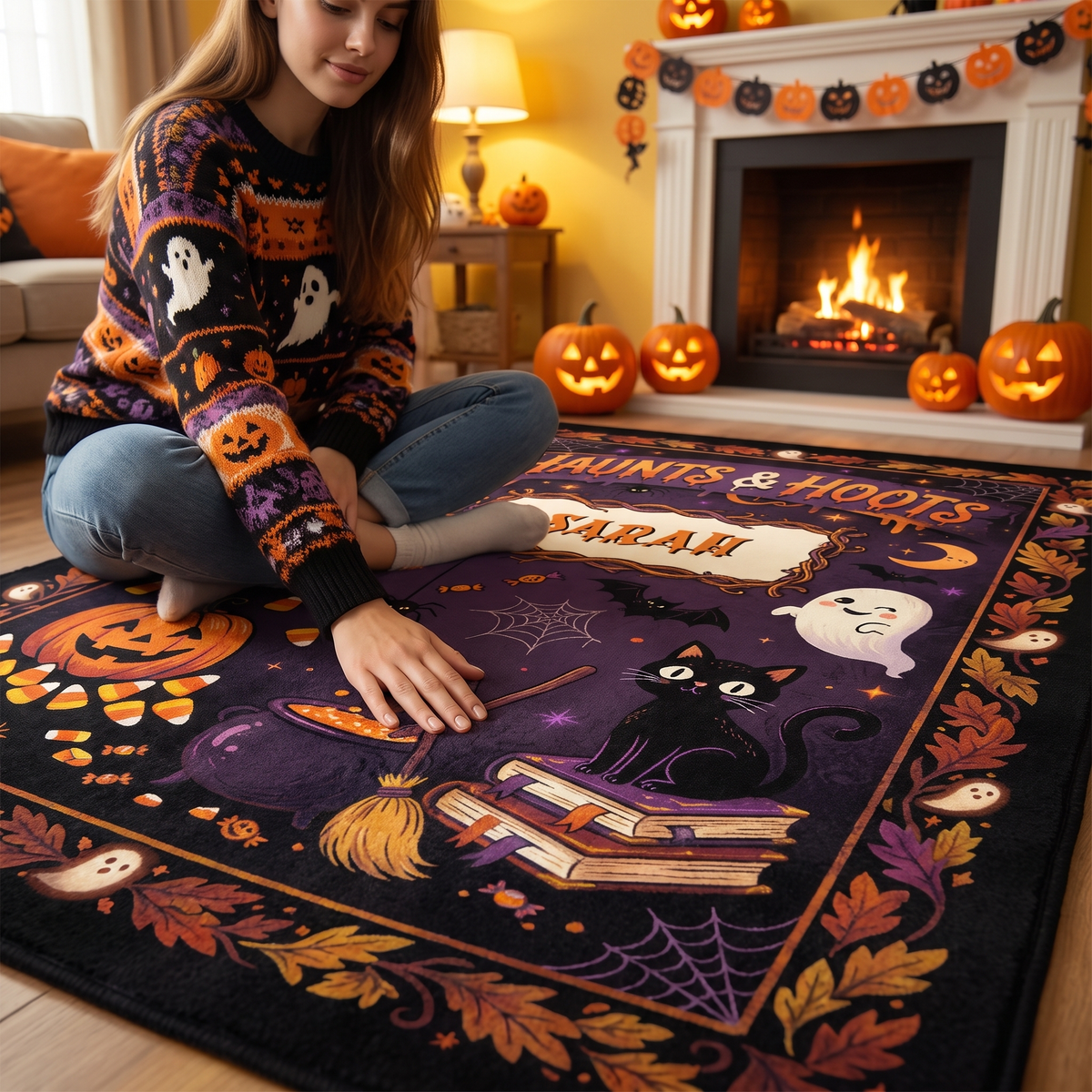 Soft velvet surface of the Personalized Halloween Haunts And Hoots Black Cat Pumpkin Rug