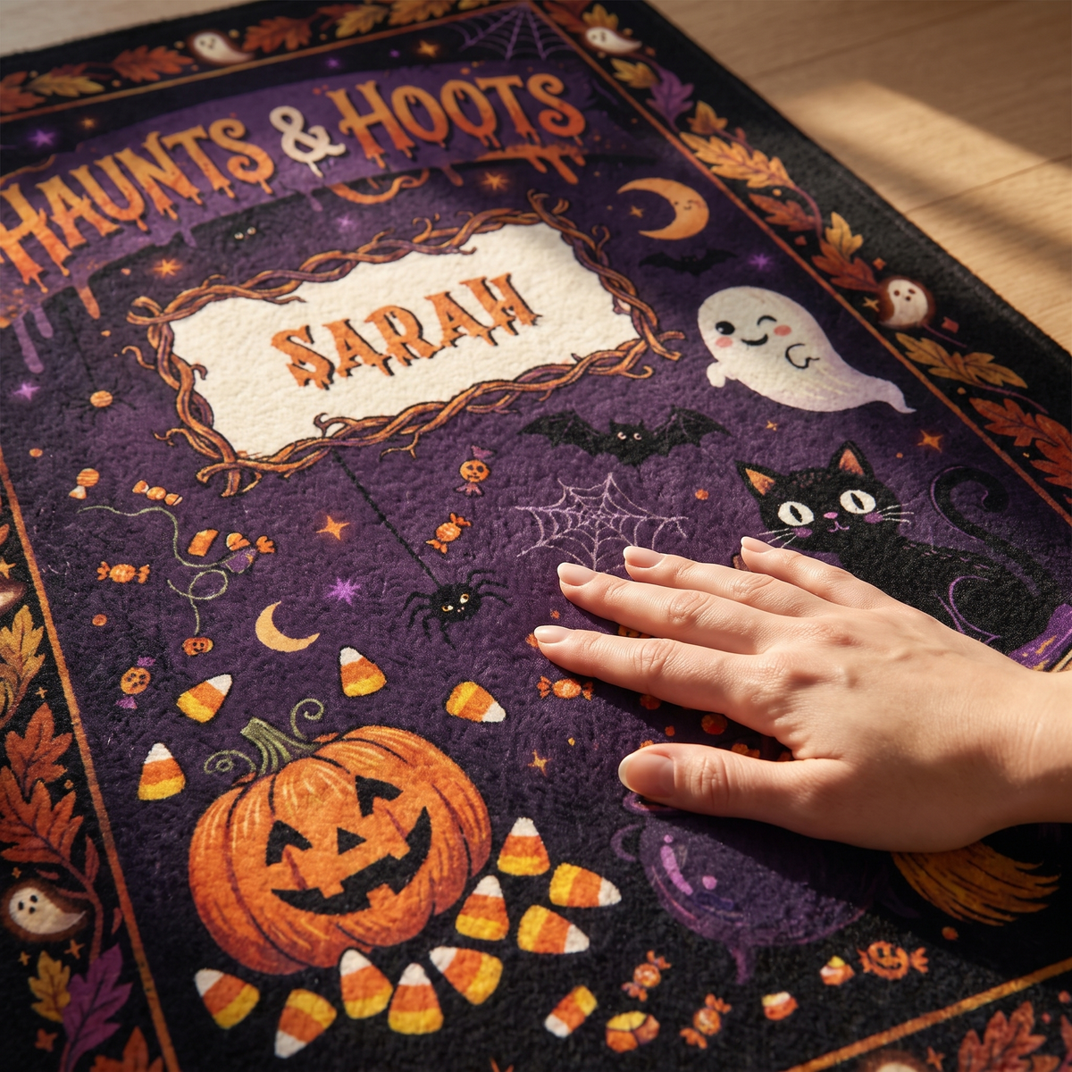 Close up of the Personalized Halloween Haunts And Hoots Black Cat Pumpkin Rug print