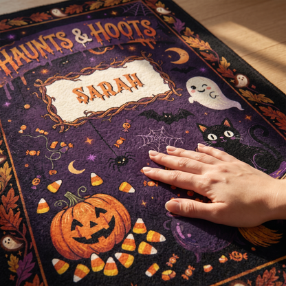 Close up of the Personalized Halloween Haunts And Hoots Black Cat Pumpkin Rug print
