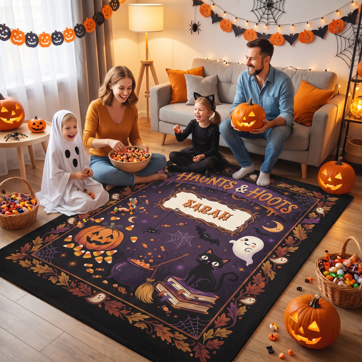 Family enjoying the Personalized Halloween Haunts And Hoots Black Cat Pumpkin Rug at a Halloween party