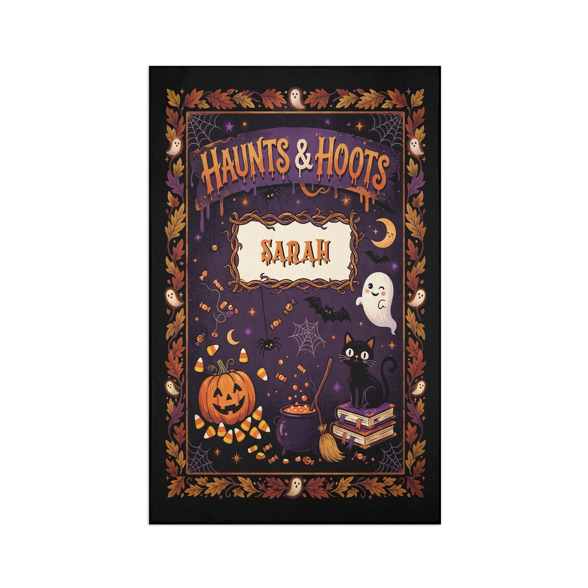 Personalized Halloween Haunts And Hoots Black Cat Pumpkin Rug full design view