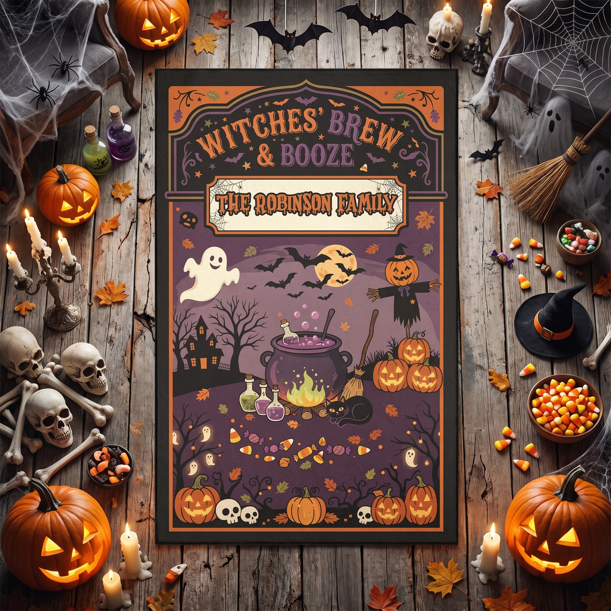 Personalized Halloween Witches' Brew And Booze Cauldron Rug with custom family name, styled on a wood floor with pumpkins
