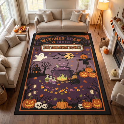 Personalized Halloween Witches' Brew And Booze Cauldron Rug in a cozy living room