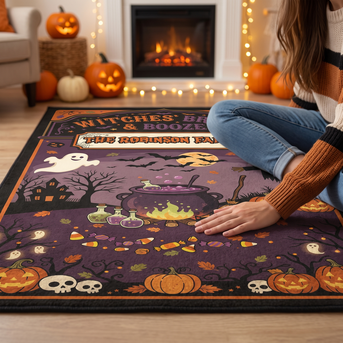 Soft velvet surface of the Personalized Halloween Witches' Brew And Booze Cauldron Rug