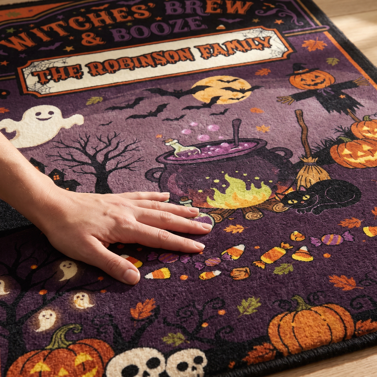 Close up of the Personalized Halloween Witches' Brew And Booze Cauldron Rug print